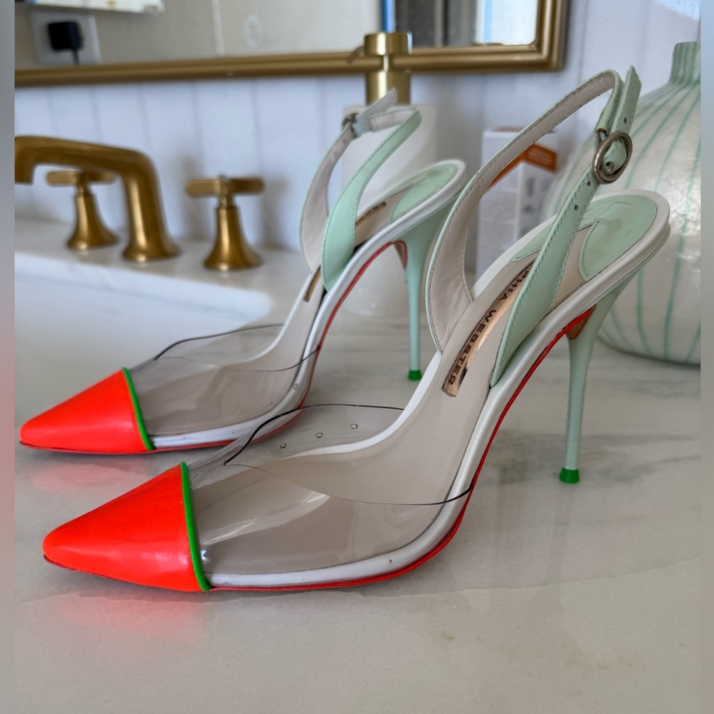 Sophia Webster Neon Tricolor Patent Leather PVC Daria Slingback Pumps